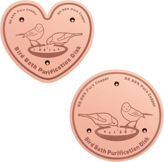 2-Pack 99.99% Pure Copper Bird Bath Purification Disk,Copper Disc with Stable Triple-Point Support,Fits All Outdoor Bird Baths(Heart-Shaped&Round)