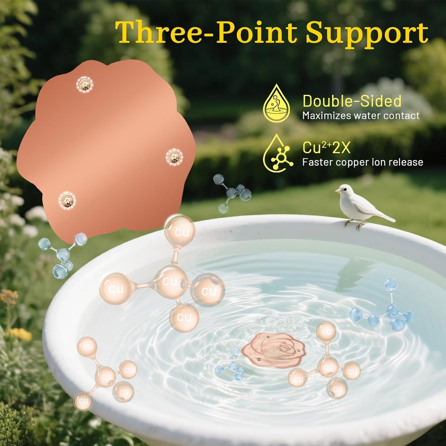 Bird Bath Copper Disk,Bird Bath Purification Disk 0.6mm Reinforced 99.99% Pure Copper Cleaning Disk with Triple-Point Support,Fits Outdoor Birdbath & Bowl,Provide Safe Clean Water,Rose-1Pc