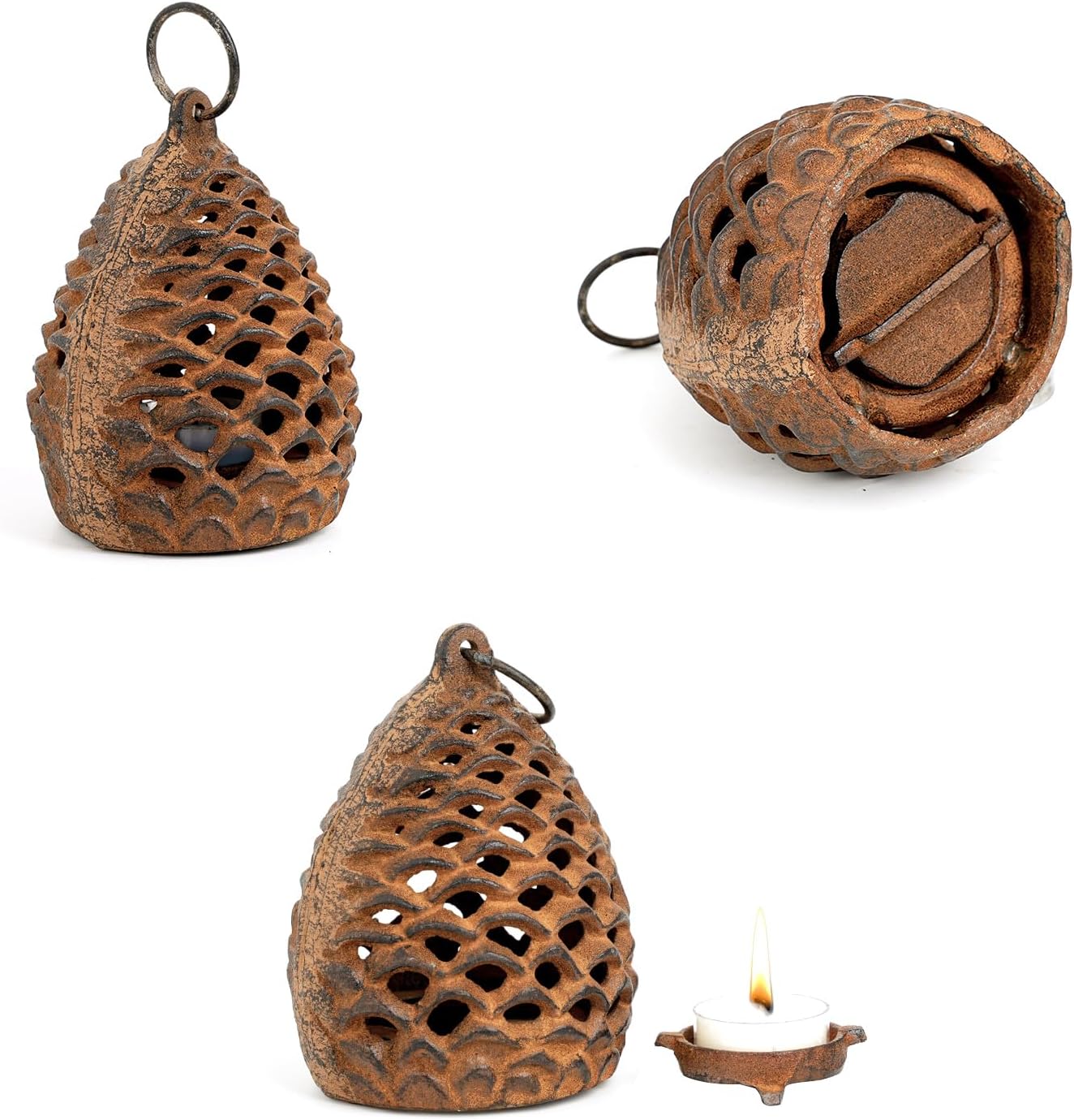 Sungmor Cast Iron Pinecone Candle Holder - Tabletop Decorative Tealight Lantern, Rustic Style Hanging Home Garden Decor, Vintage Stand for Votive or Flameless Candles
