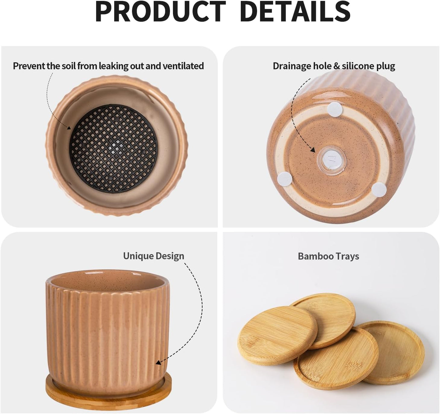 TAMAYKIM 5.25 Inch Ceramic Plant Pots with Drainage Holes and Saucers, Modern Flower Pots with Trays for Indoor Planters, Snake Plant, Succulent, Cactus and Herbs, Red, Set of 4