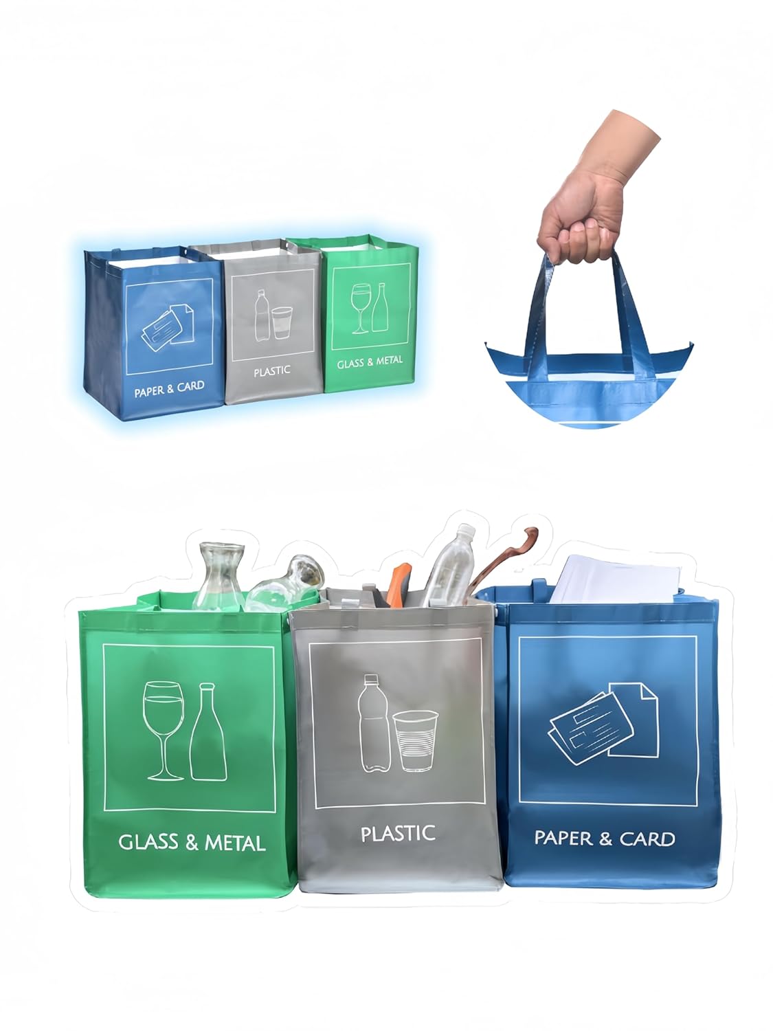 YOUNG DA Reusable Recycle Bags, 3-Piece Separate Recycling Bin Set for Home, Kitchen, and Office - Waterproof Recyclable Waste Sorting Organizer