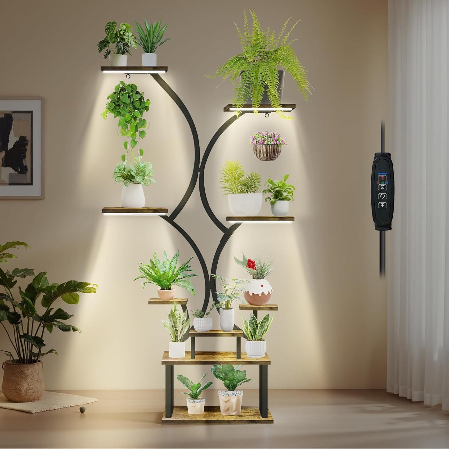 Plant Stand with Grow Lights, 9 Tiered Indoor Plant Shelf, 65” Tall Plant Holder for Indoor Plants Multiple, S-Shaped Metal Corner Plant Rack with Hanger for Home, Patio