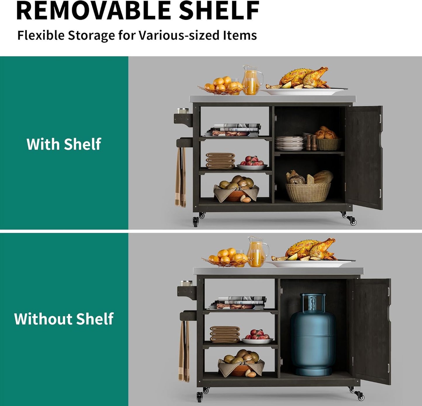 YITAHOME Solid Wood Patio Bar Table XL Outdoor Storage Cabinet Bar Table with Spice Rack and Lockable Wheels, Portable Outdoor Kitchen Island for Patio, Garden, Porch, Balcony, Brown