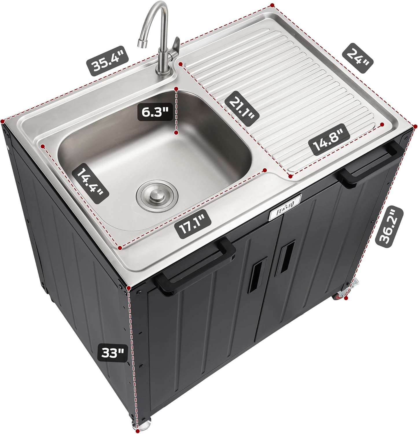 Freestanding Grill Cart with Sink and Cabinet, Movable Outdoor Cart Table with 304 Stainless Steel Sink, Outdoor Grill Cart,Outdoor Grill Station with Wheels, L35.4” x W24”