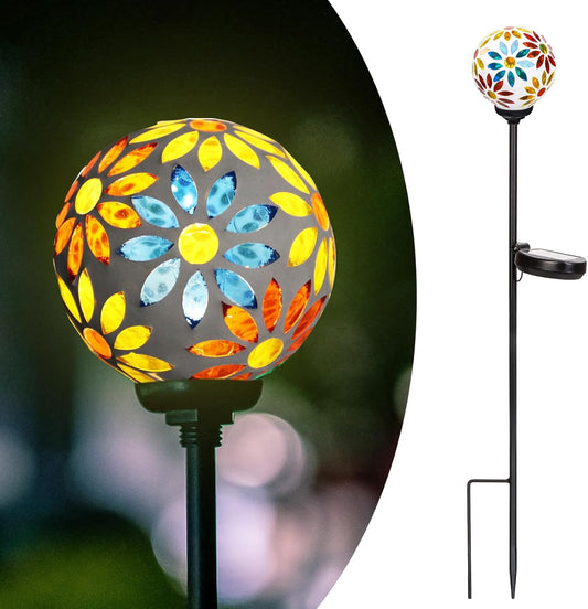 Afirst Solar Lights Outdoor Decorative - Solar Gazing Ball Mosaic Garden Stakes Flower Decorative Lights Waterproof for Pathway Yard Lawn Decoration Yellow