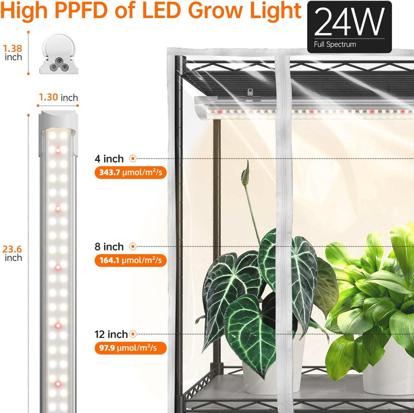 Indoor Greenhouse with Grow Light, Metal Plant Stand, 3 Pack T8 2FT Full Spectrum Plant Lights, Timer, Black, 23.5"x13.8"x59"