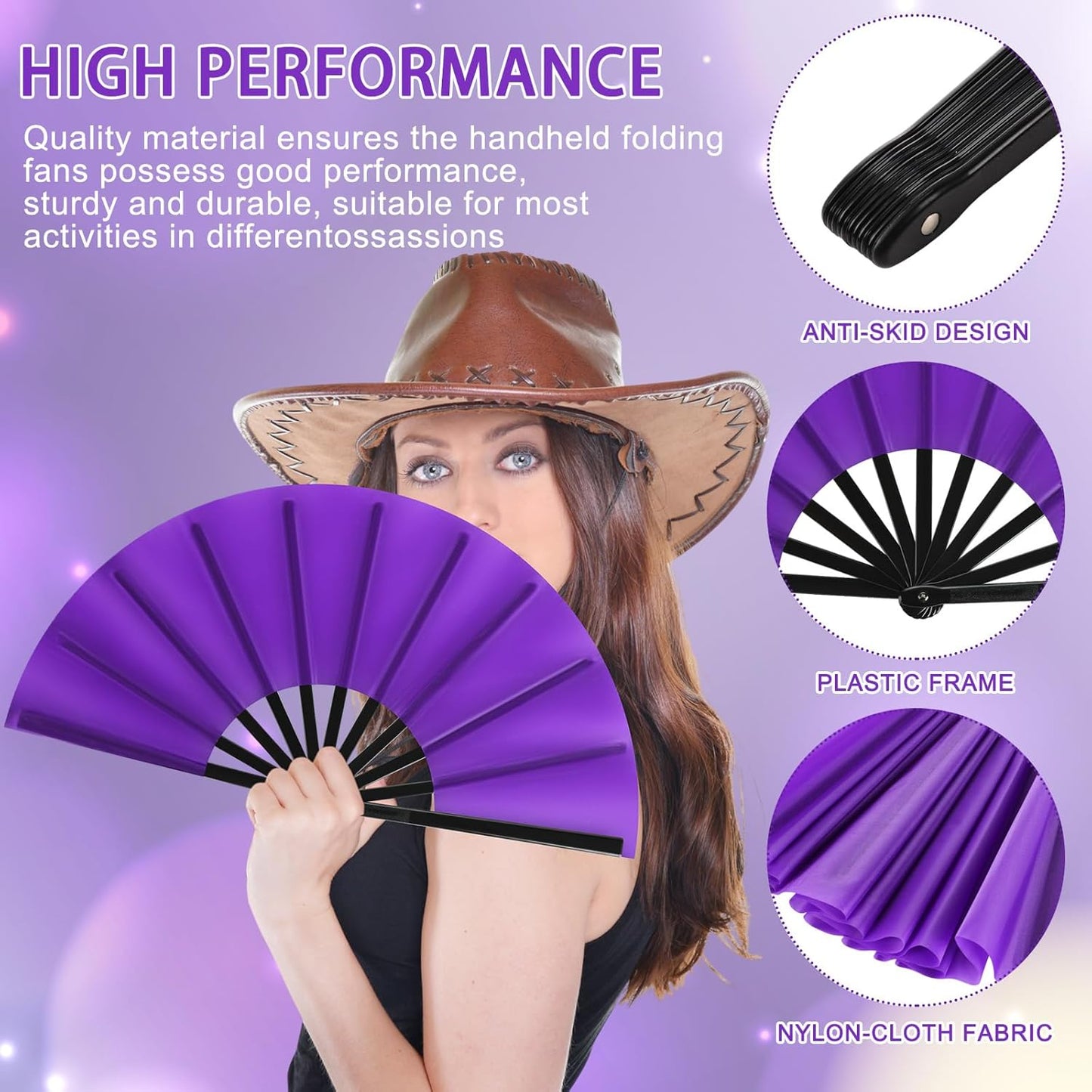 Blulu 4 Pcs 13 Inch Large Folding Hand Fans for Line Dancing Big Clapping Popping Raves Fans Bulk for Dancing Boots on The Ground Festival Party Decoration(Classic Style, Purple)
