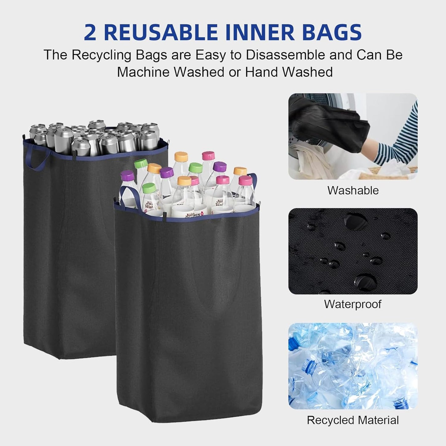 26 Gallon Recycling Bin for Kitchen, 100L Recycle Bin with Lid, Recycle Bins for Kitchen with 4 Wheels(Lockable),2 Reusable Inner Bags, for Bottle Can Glass Plastic Stickers, Dark Blue