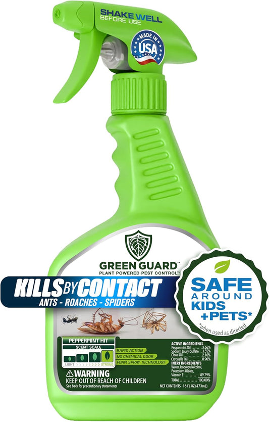 Green Guard Pest Control Spray - Indoor & Outdoor Killer of Ants, Roaches, Spiders & Other Crawling Insects, Safe Around Children & Pets, Plant-Based, Pleasant Scent (Peppermint Hit, 16oz)