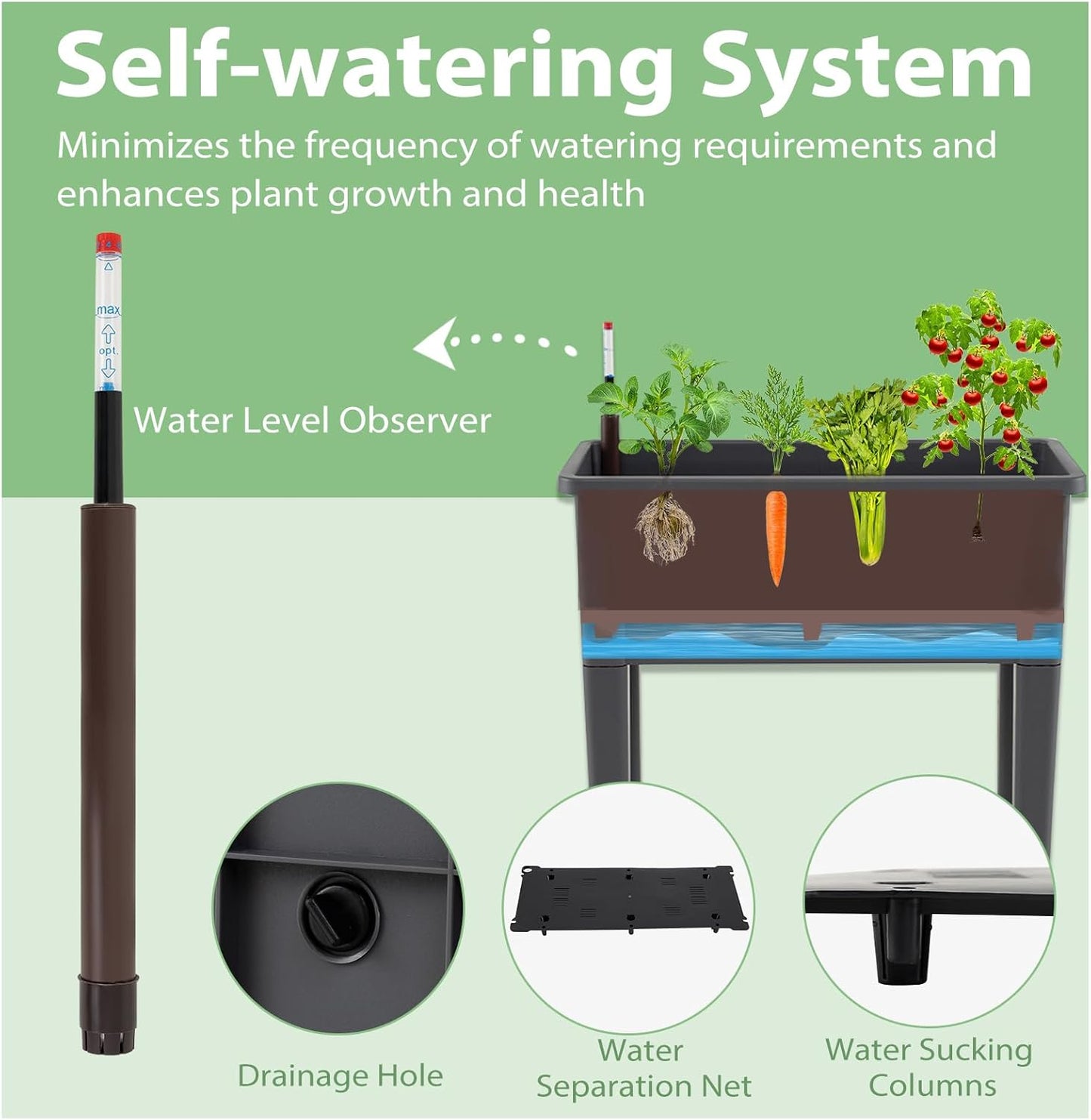 HAPPYGRILL 4-in-1 Raised Garden Bed with Climbing Trellis, Self-Watering Elevated Planter with Water Level Indicator, Drainage Hole, Outdoor Plastic Planter Box with 4 Detachable Legs for Garden Lawn