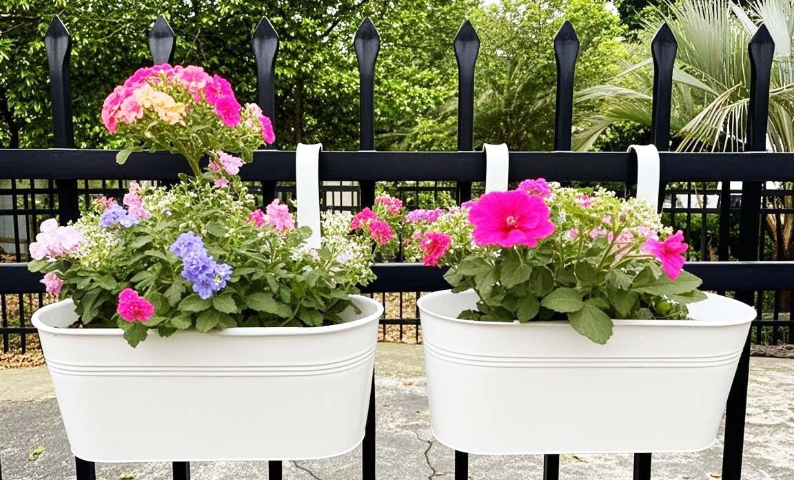 Hanging Planters for Outdoor Plants, 17" Railing Planter Pots, Metal Fence Flower Pot for Porch Balcony with Detachable Hook (White, Pack of 2)