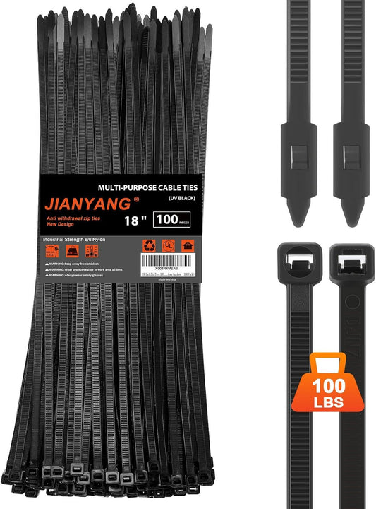 18 Inch Anti Withdrawal Zip Ties 100 LBS Tensile Strength Heavy Duty Cable Wire Ties With Self-Locking Adjustable More Durable Nylon Tie Wraps for Indoor Outdoor（100 Pack）