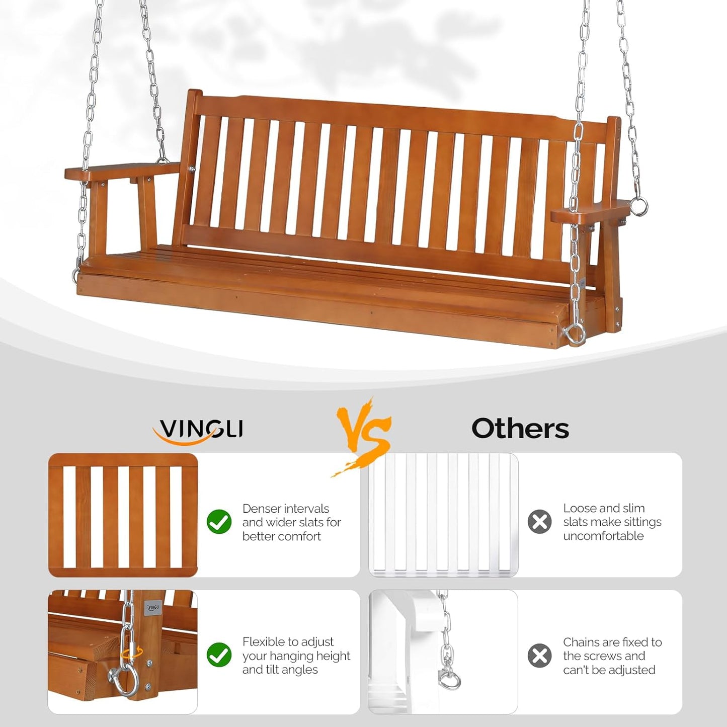 VINGLI Heavy Duty 880 LBS 5 FT Patio Wooden Porch Swing Outdoor with Upgraded Adjustable Chains, Outdoor Hanging Swing Bench for Garden, Yard, Balcony (5 FT, Brown)