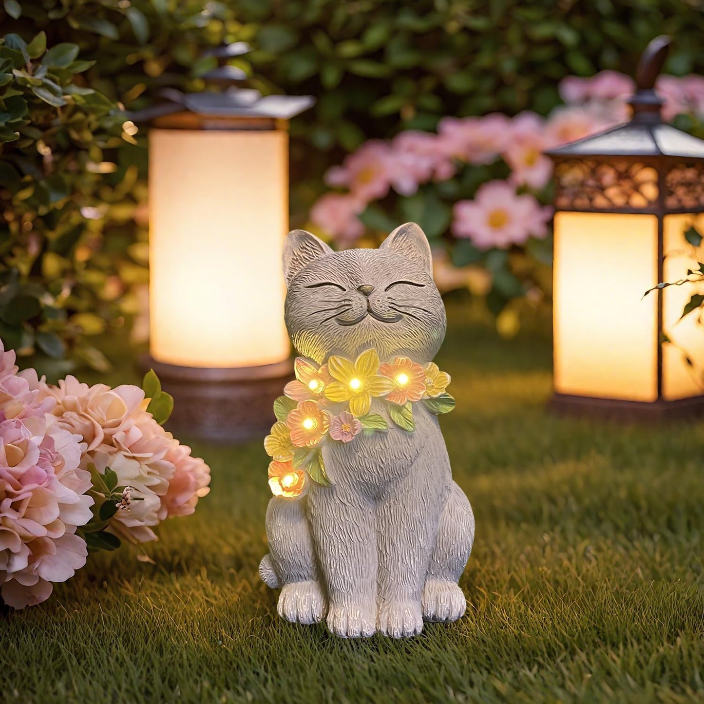 Solar Cat Garden Statue for Outdoor Decor, Cat Solar Light with Flowers, Resin Cats Figurine for Garden, Yard, Lawn Decor, Cats Lover Gifts for Women
