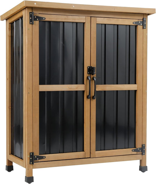 Outdoor Storage Cabinet, Wood & Metal Small Storage Shed with Weather-Resistant Asphalt Roof, Double Lockable Doors & Removable Shelves for Porch, Patio, Garden, Backyard, 32" x 13" x 40"