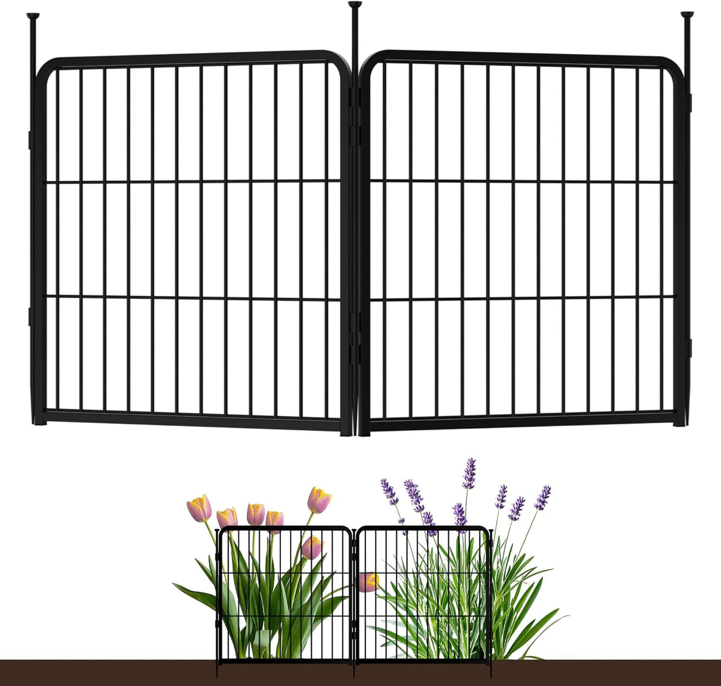 Doorless Garden Fence 24 in(H) x 3.7 ft(L) 2 Panels, Heavy Duty Metal Animal Barrier Fence, No Dig Fence for Dogs, Rabbit Fence for Garden, Black