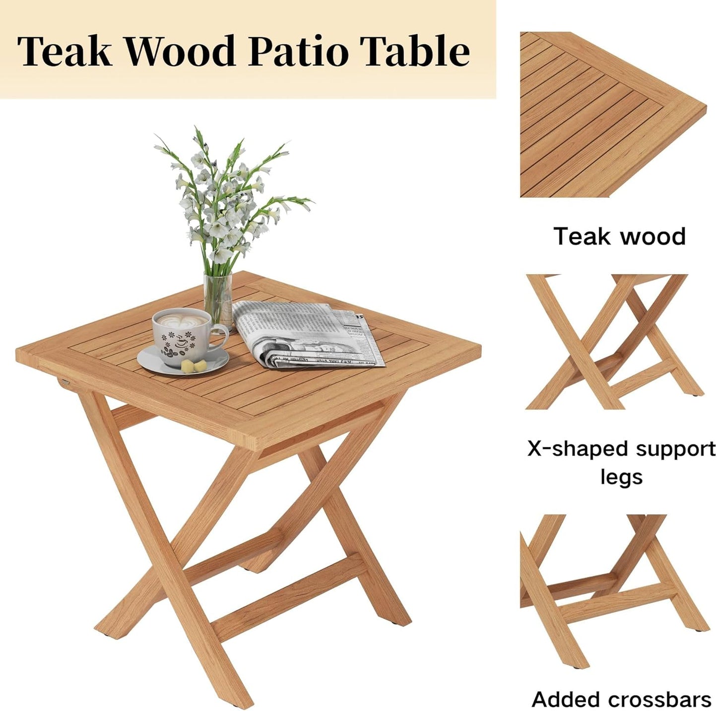 Teak Wood Square Patio Side Table, Outdoor Side Table Waterproof Natural Wood, Sturdy Portable Bistro Table for Camping Deck Poolside