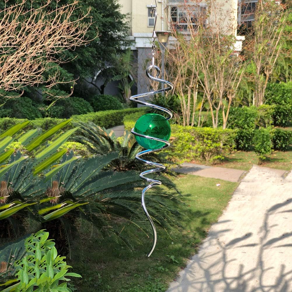FONMY Gazing Ball Spiral Tail Wind Spinner Stabilizer with Swivel Hook 11inch Stainless Steel Tail and 2 inch Green Glass Orb. Indoor Outdoor Garden Decoration Hanging Ornaments 13 inch Height