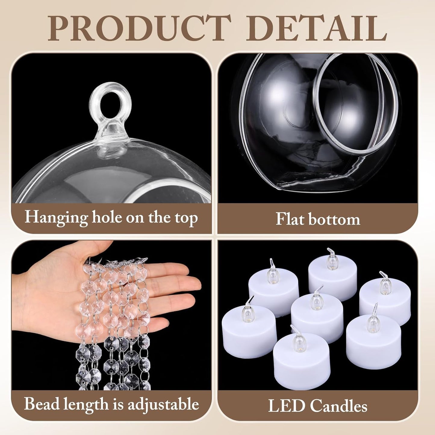 Booson 100 Pcs Hanging Candle Holder Glass Globes Orbs with Crystal Acrylic Gems Bead Garland Tea Lights Candles Holder for Wedding Party Tree Decor