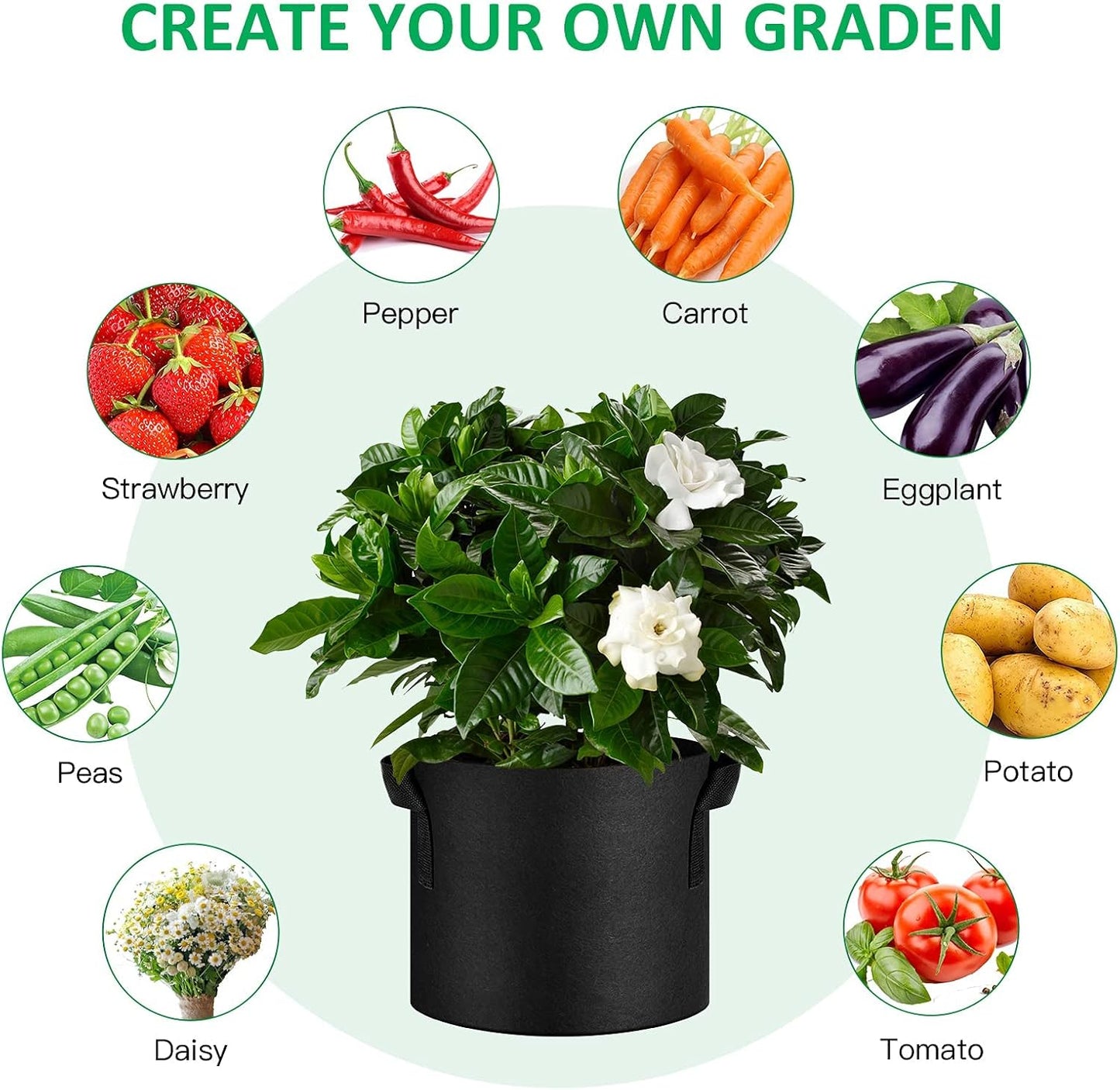 NYONG 12-Pack 20 Gallon Thickened Non-Woven Grow Bags, Aeration Fabric Pots with Handles（Black）