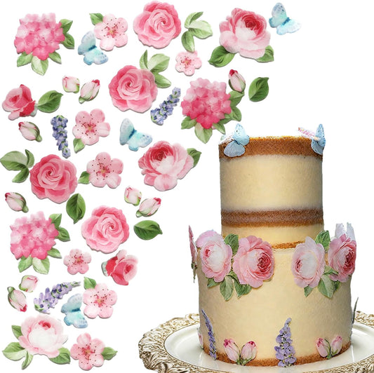 100 Pcs Edible Flowers Cupcake Toppers Cake Decorations Wafer Paper Pink Rose & Cherry Blossom & Butterfly for Wedding Cakes Birthday Parties