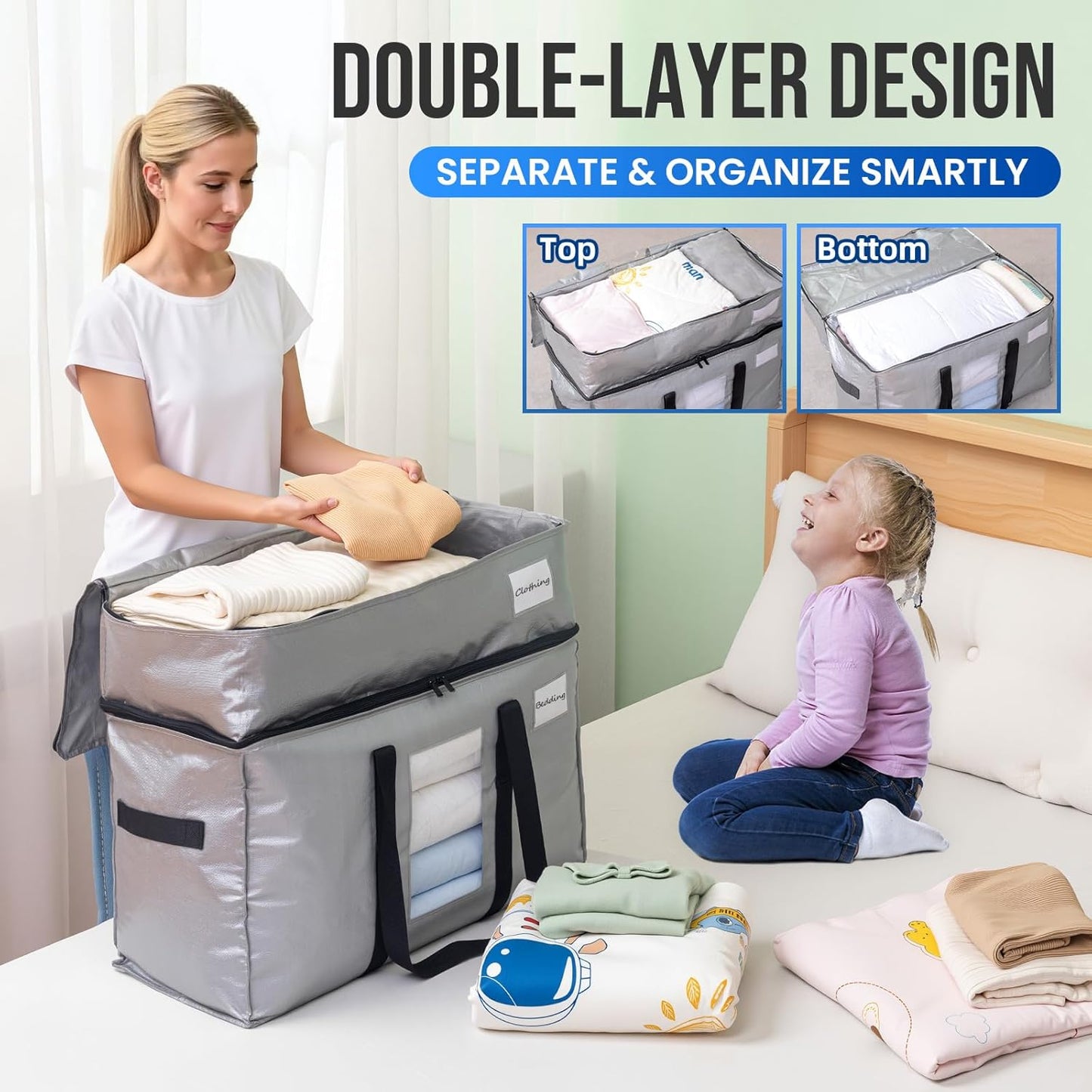 TAILI 2 Tier Extra Large Moving Bags, 2 Pack Silver Heavy Duty Totes For Storage with Visible Window, Wrap Around Handles, Storage Bags for Space Saving, Alternative to Moving Boxes