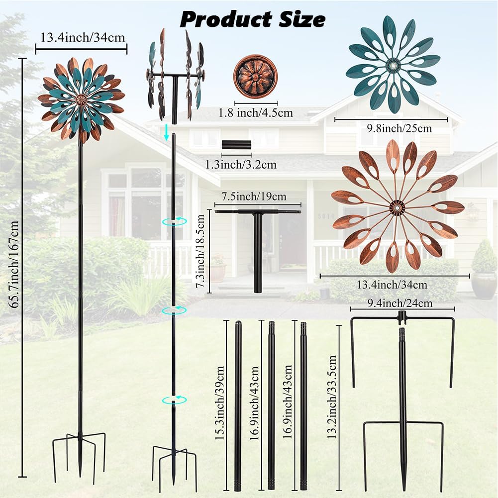 VEWOGARDEN 360° Outdoor Metal Wind Spinners Kinetic Wind Sculptures & Spinners for Yard Garden Lawn Patio Decorations, Blue & Bronze