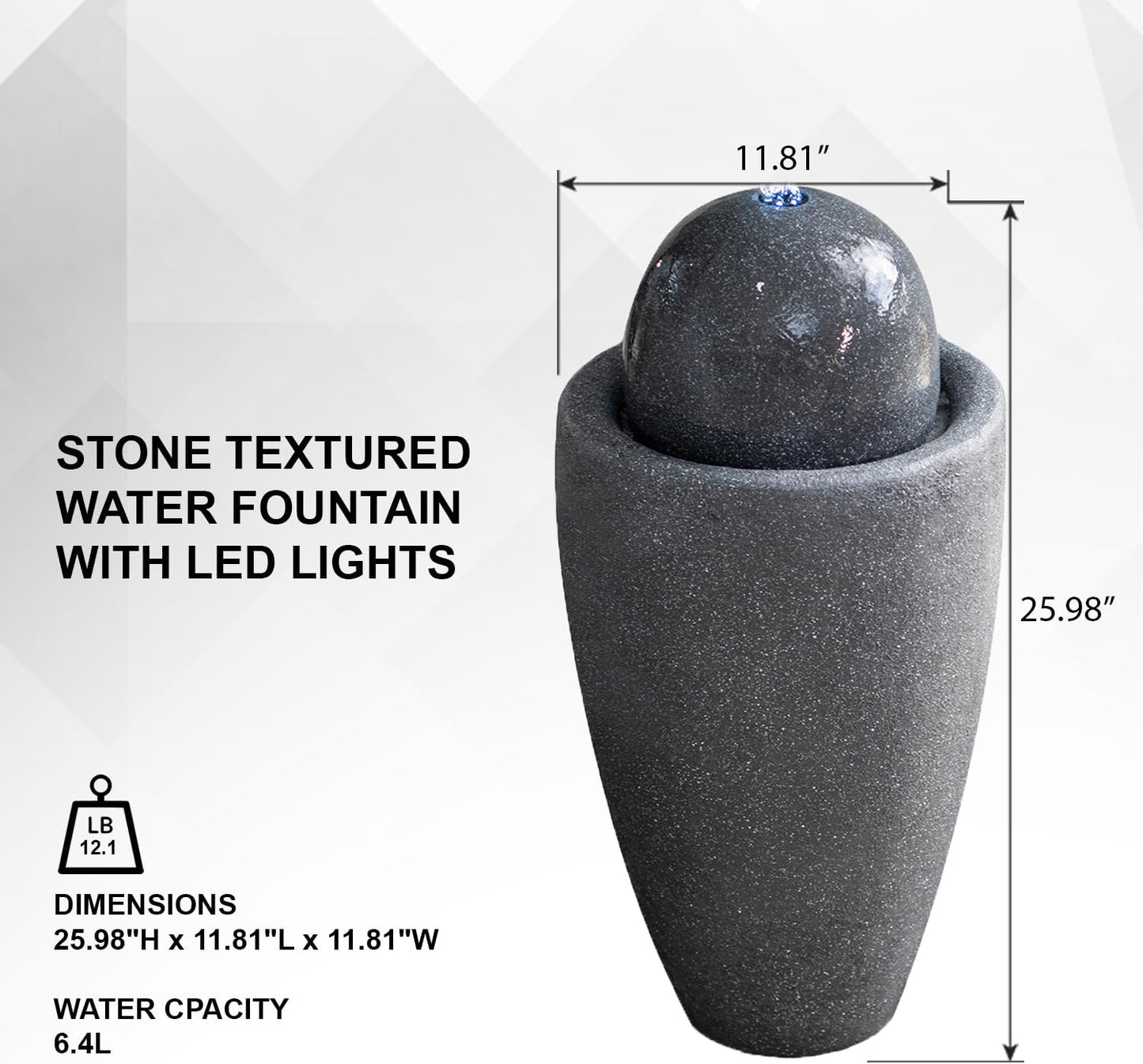XBrand 25.98" H Round Stone Indoor/Outdoor Modern Stone Textured Sphere Water Fountain w/LED Lights, Gray