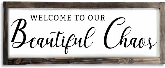 Dazingart Welcome To Our Beautiful Chaos Sign, Farmhouse Wood Sign, Framed Home and Living Room Decor Housewarming Gift Spring Home Decor (Beautiful Chaos)