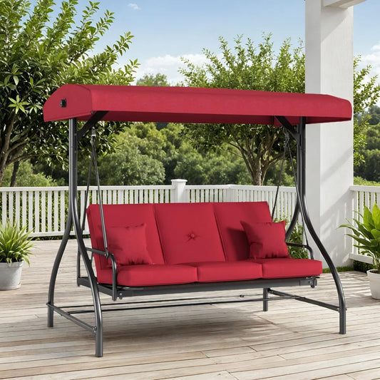 TLSUNNY 3-Seat Outdoor Patio Porch Swing with Adjustable Canopy & Backrest, Convertible Glider Bed with Stand, Removable Seat Cushion, 45° Tilt Adjustment for Backyard, Poolside, Balcony - 750LBS