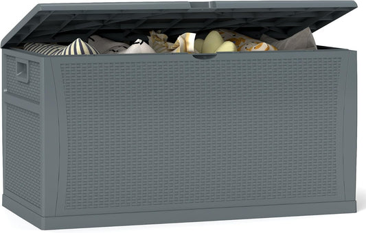 125 Gallon Resin Deck Box, Weatherproof Outdoor Storage Box for Patio, Garden, Pool, and Yard, Lockable Waterproof Bin for Tools, Cushions, and Accessories, Grey