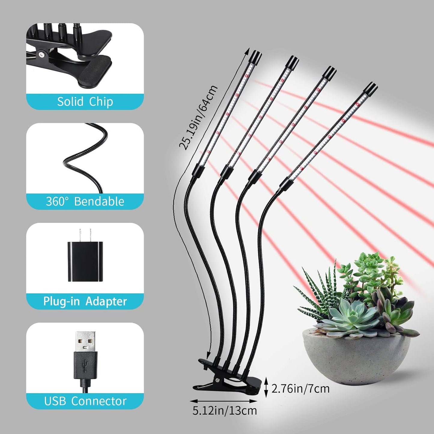 Black Clip Grow Lights for Indoor Plants, 168 Full Spectrum LEDs Clip Plant Growing Lamps with Flexible Gooseneck and 4/8/12/18H Timer, 3 Spectral Modes, 10 Dimmable Levels (4 Head 1 Pack)