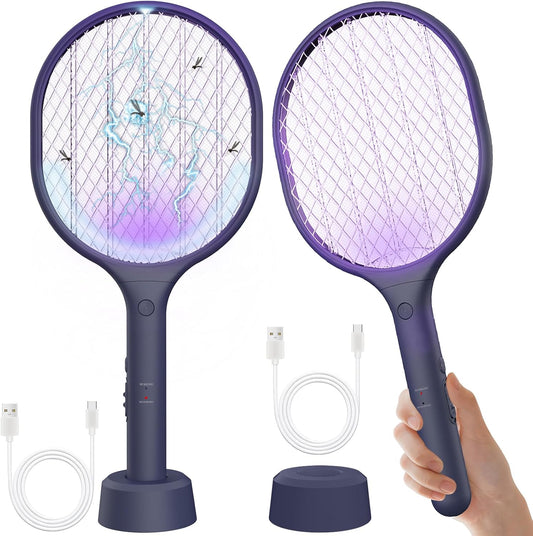 Electric Fly Swatter 2 Pack, 3000V Bug Zapper Racket Fly Zapper with 1500mAh Rechargeable Battery, Indoor Outdoor Fly Trap Mosquito Killer with 3-Layer Safety Mesh for Home, Kitchen, Patio, Camping