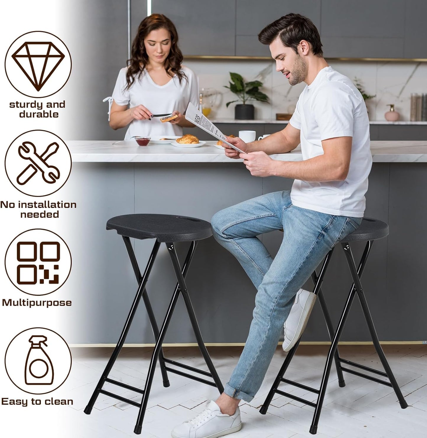 Suzile 2 Pcs 24 Inch Tall Folding Chair Portable Plastic Stool Chair Heavy Duty Foldable Bar Stools with Handle for Adults Kitchen Counter Room Home Camping Indoor Outdoor, 300lbs Capacity (Black)