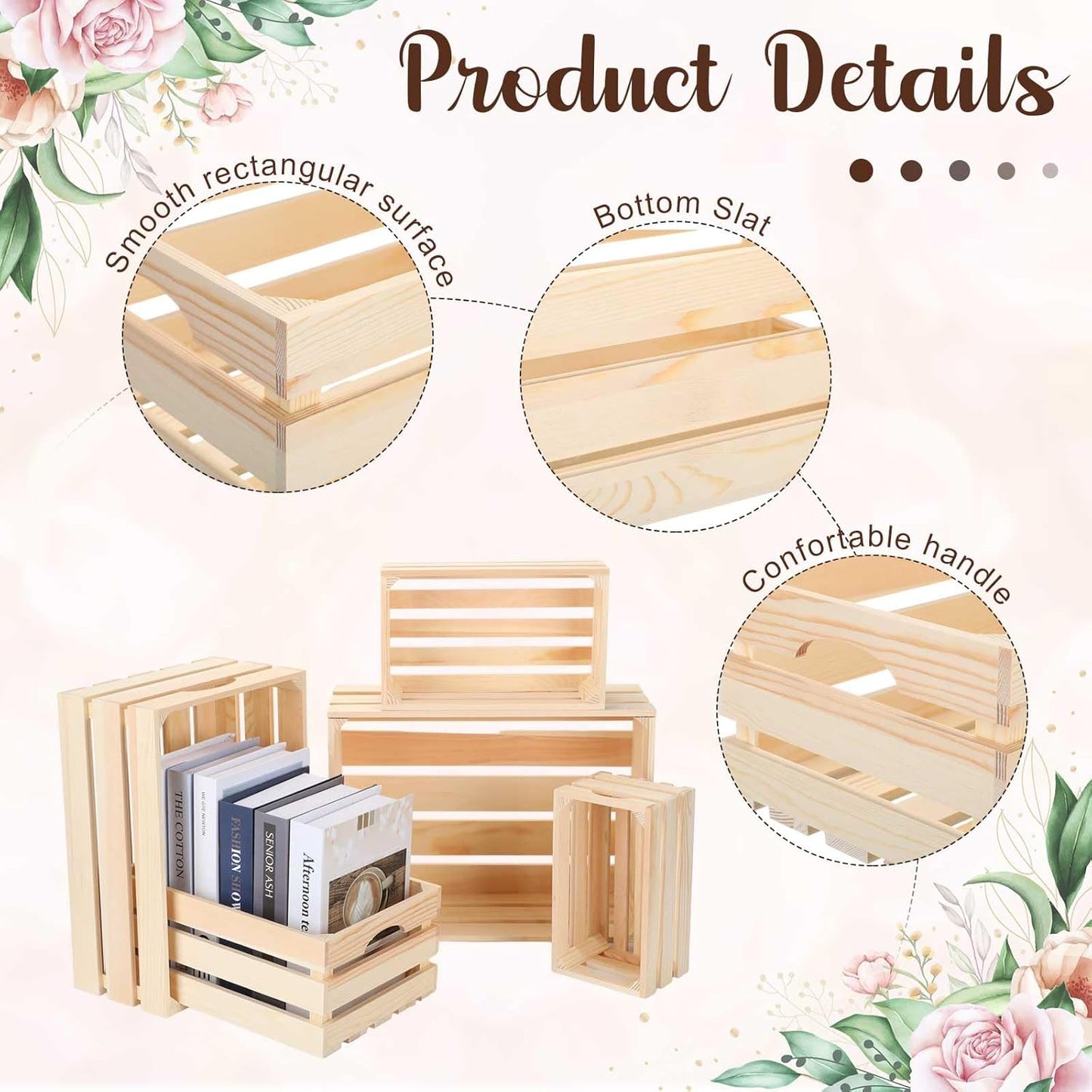 Soaoo 5 Pcs Decorative Nesting Wooden Crates for Storage Display 5 Size Large Small Rustic Wood Decorative Storage Crates with Handle Farmhouse Crate Box Container Made from Pine(Natural Color)