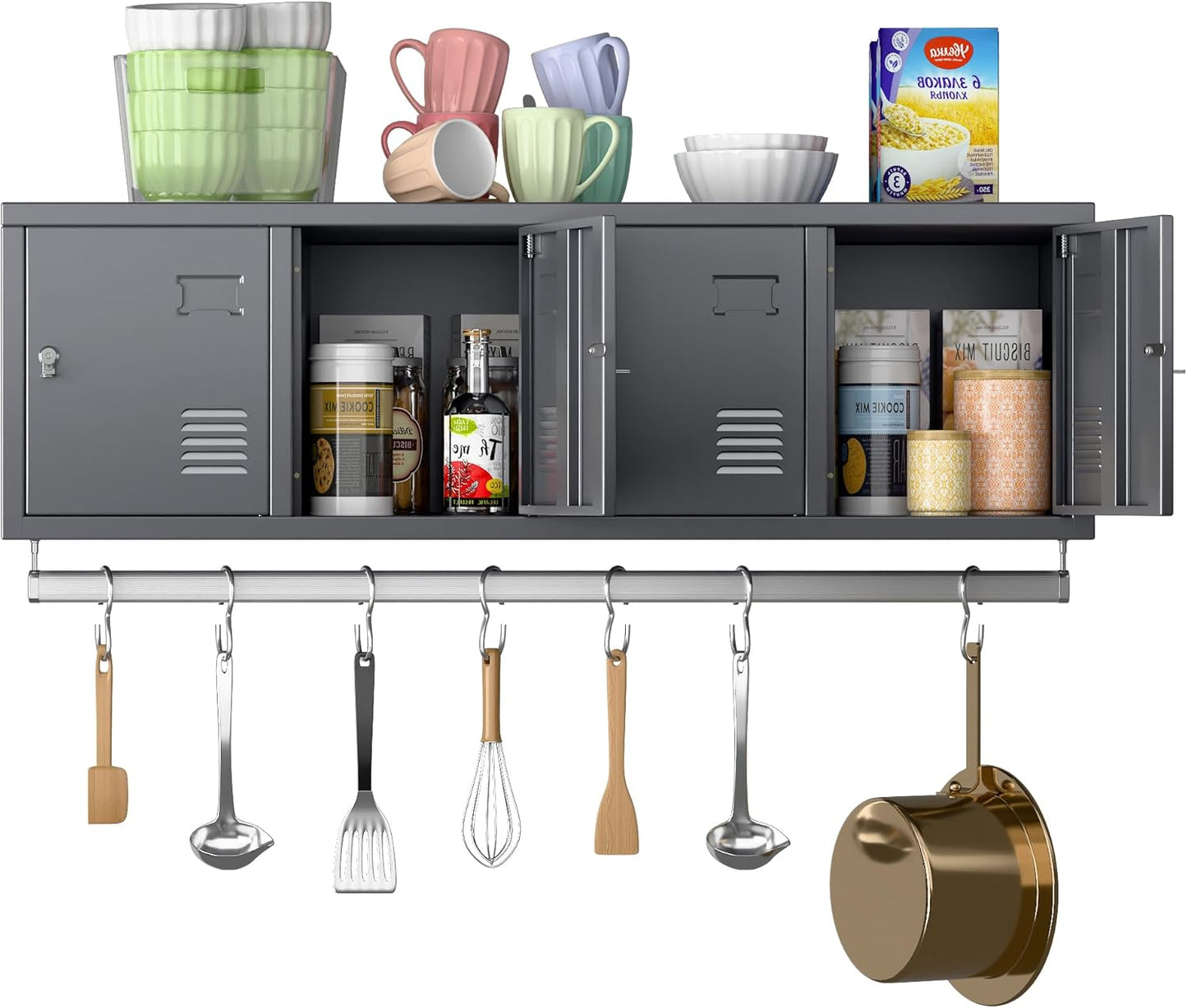 Metal 4 Doors Locker Cabinet with Hanging Rod, Wall-Mounted Storage Lockers for Home, Office, Garage, Storage, Assembly Required, Dark Gray