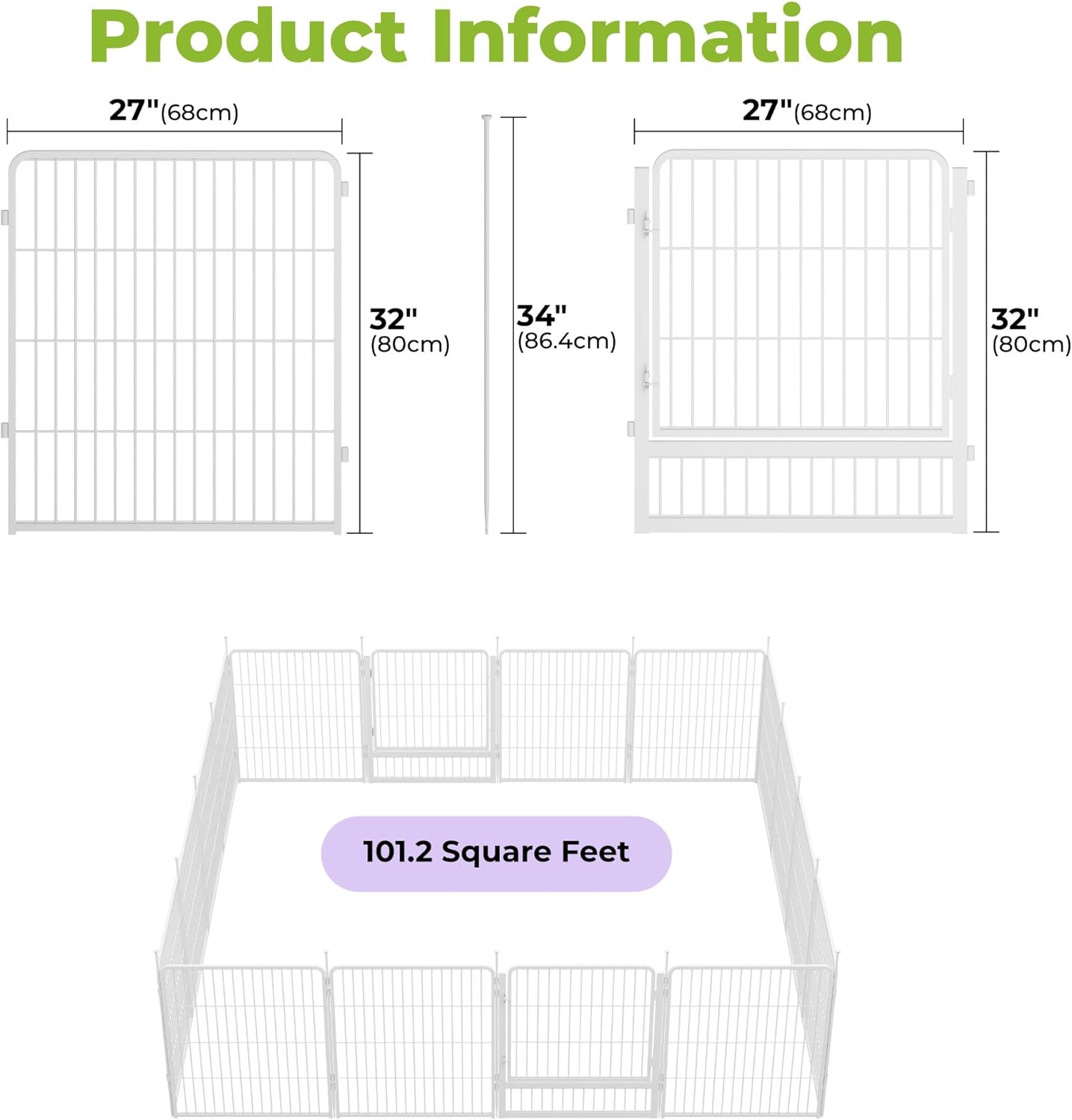Decorative Garden Fence with Gate 32 in(H) x 35.7 ft(L) 16 Panels, Heavy Duty Metal Animal Barrier Fence for Yard, Flower Bed Fencing, Garden Border Fence, Easy Set Up, White
