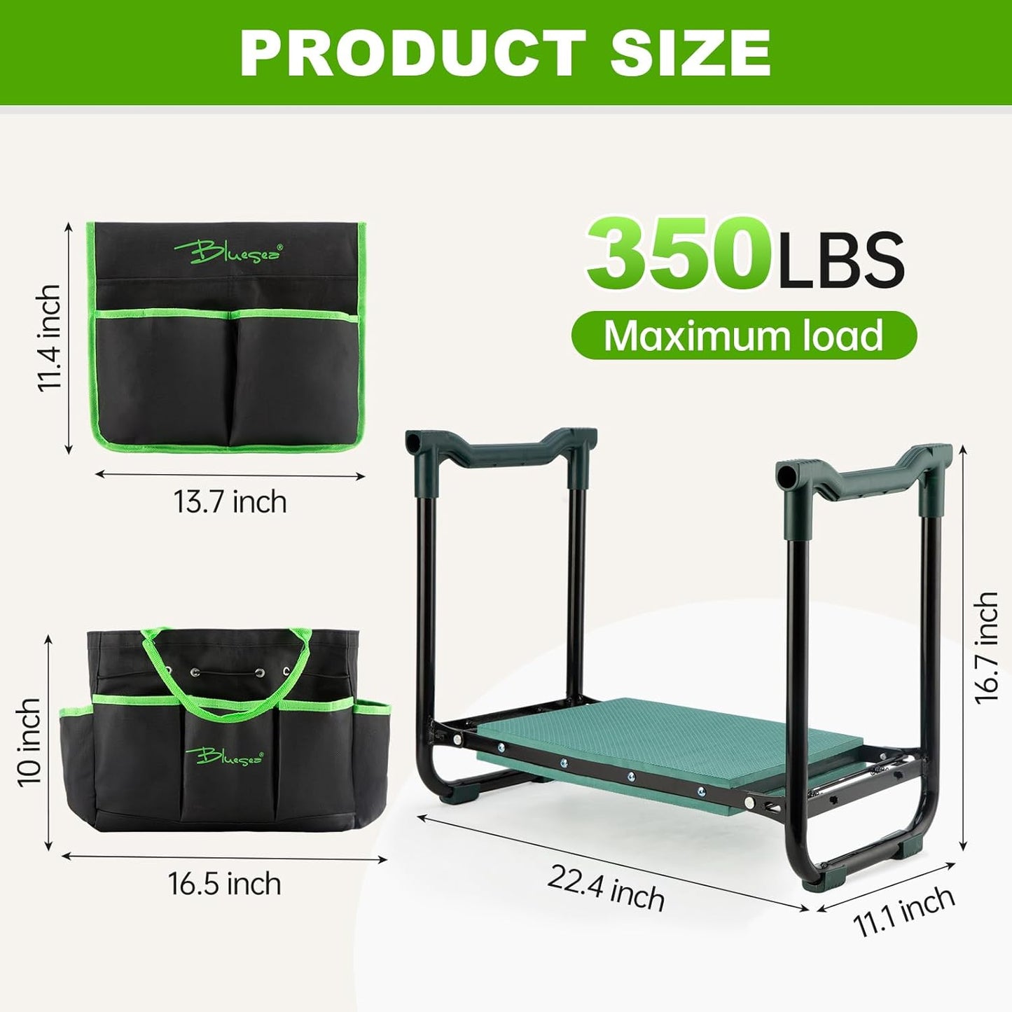 Bluesea Garden Kneeler and Seat - 2-in-1 Heavy Duty Garden Stool & Thick Kneeling Pad with Tool Pouch, Foldable Garden Bench for Planting, Weeding, Seniors, Women (350lbs Capacity)