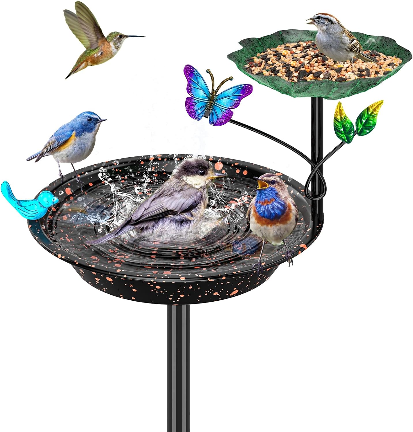 Metal Bird Bath for Outside Garden Birdbath Bowl, Freestanding Bird Feeders for Outdoors with 5 Prongs Base Stake, Standing Birdfeeders Birdbath Bowl for Yard Decor (2-in-1)