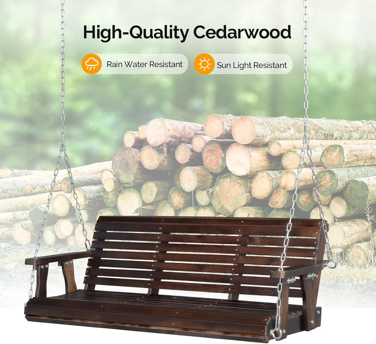 VINGLI Heavy Duty 880 LBS Patio Porch Swing Outdoor PU Painting, Hanging Chair with Adjustable Secure Chains, Finished Outdoor Bench Tree Swing for Yard | Garden | Lawn | Balcony (5 FT, Rustic)