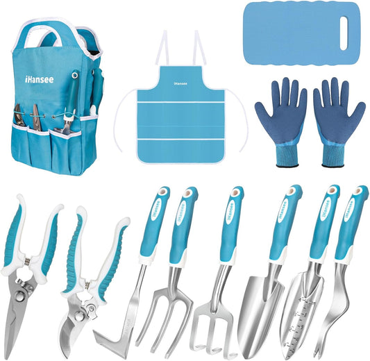 Blue Garden Tool Sets 12-Piece, Aluminum Gardening Hand Tools w/Ergonomic Handle, Garden Supplies Organizer Handbag, Kneeling Pad, Apron and Gloves, Gift for Women, Garden Starter Kit for Women