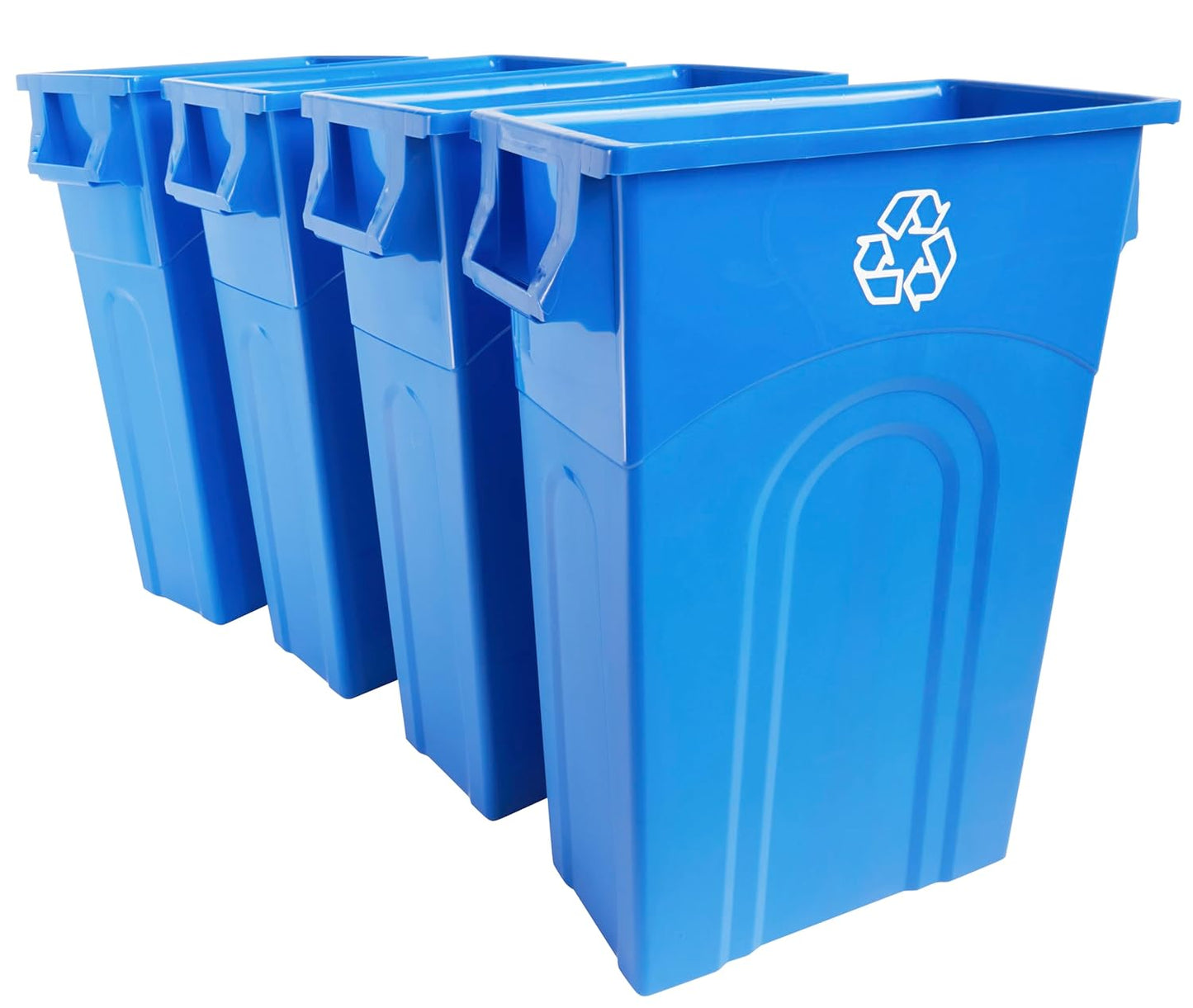 United Solutions Highboy Recycling Bin, 23 Gallon, Space Saving Slim Profile and Easy Bag Removal, Indoor or Outdoor Use, Integrated Handles for Easy Carrying, 4-Pack, Recycle Blue