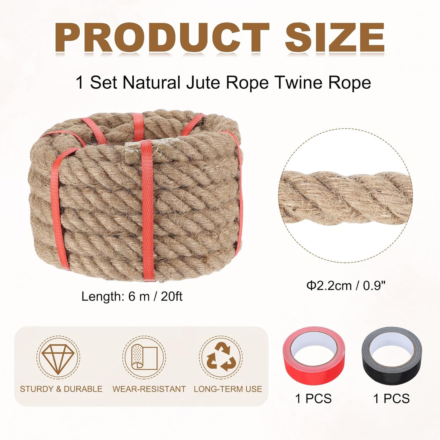 MECCANIXITY Jute Rope 0.9 Inch x 20ft, Thick Twine Rope Ropes Braided Jute Twine Natural Brown Burlap Cord String Heavy Twisted with Tapes for Decorative Crafts Railing Swing Tug of War