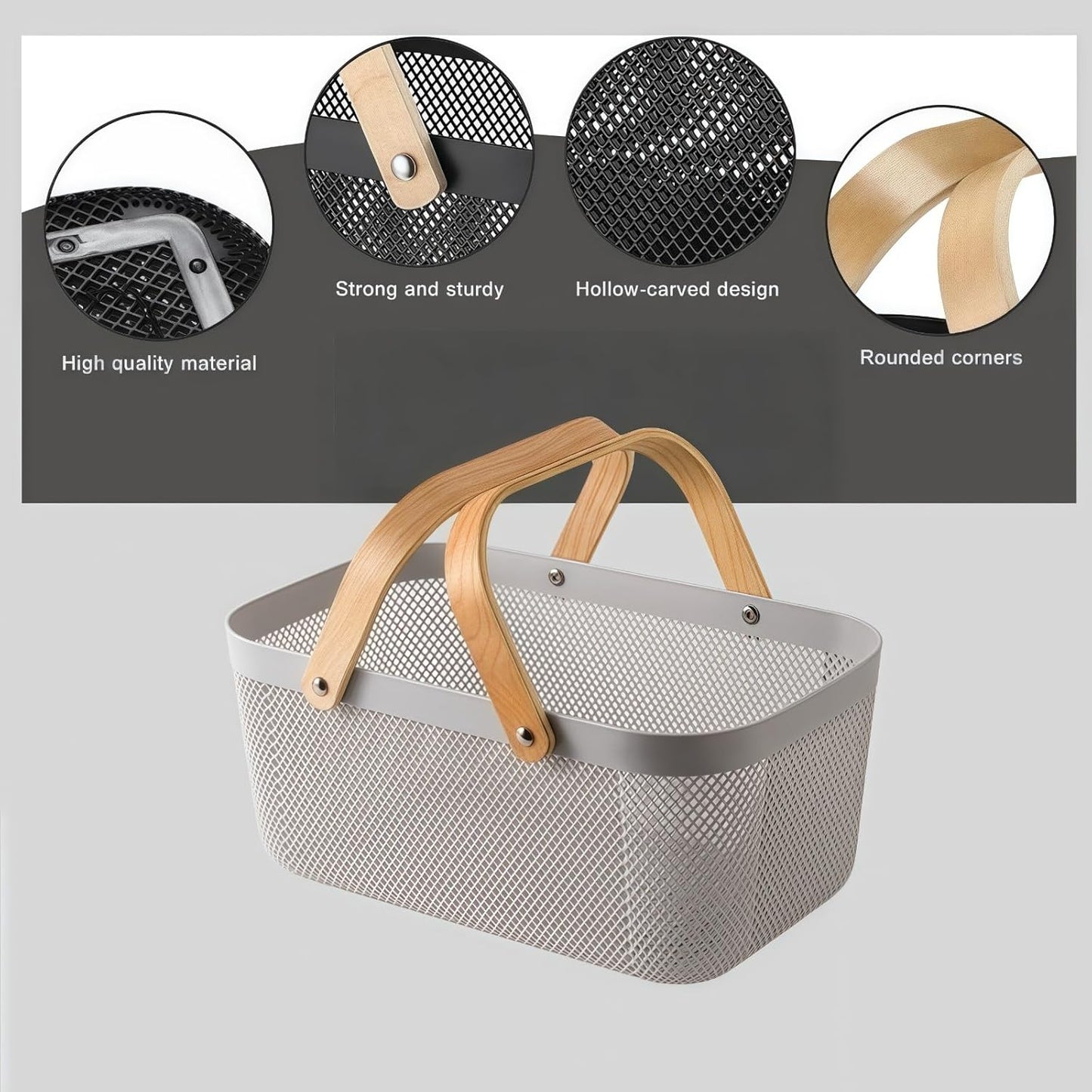 3pcs plastic harvest baskets, foldable wooden handles, rectangular garden storage baskets, for picking and collecting vegetables and fruits in the garden cabinet (Gray)