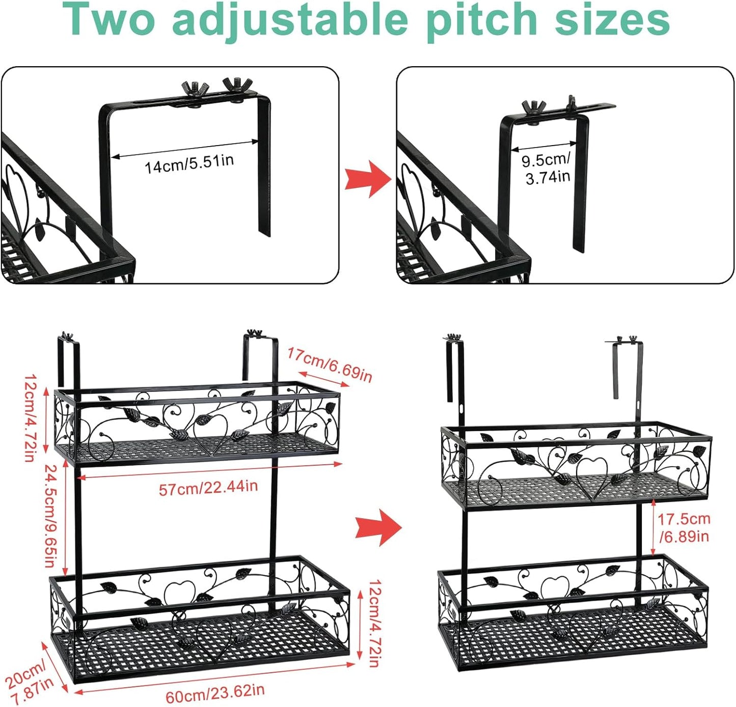 2-Tier Outdoor Flower Pot Stand Rack, Balcony Patio Railing Hanging Shelf Basket,Iron Height Adjustable Hanging Plants Container Holder with 1pc Spray Bottle for Yard Fence Garden Decor,Black