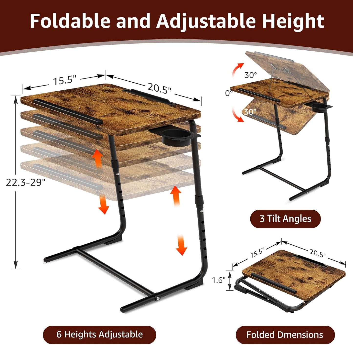 TV Trays Set of 4 - Folding TV Tray Adjustable Dinner Trays for Eating On Couch Wooden Tables Mate Stand Foldable Rustic Desk with Cup Holder Portable