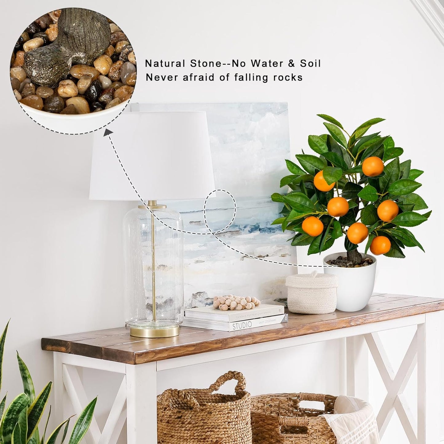 Artificial Potted Plants 16.1 inches Fake Orange Tree Artificial Citrus Fruit Plant with White Pot Faux Plants Indoor for Home,Office, Living Room Table, Desk