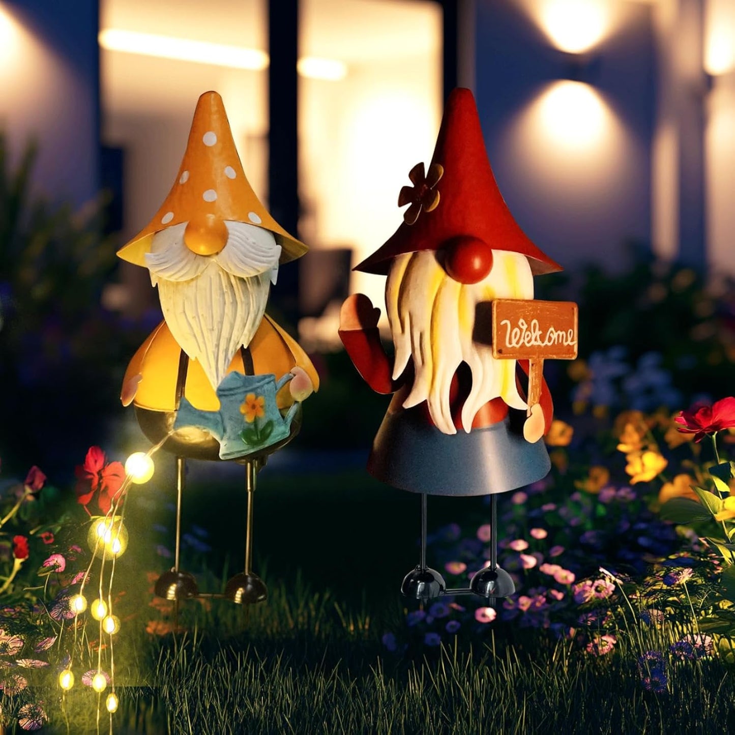 HONGLAND Metal Gnome Yard Art -18 Inch Garden Gnomes Statues Outdoor Decor with Watering Can Solar Lights -3D Outdoor Figurines for Patio Yard Lawn Porch Ornament Gardening Gifts
