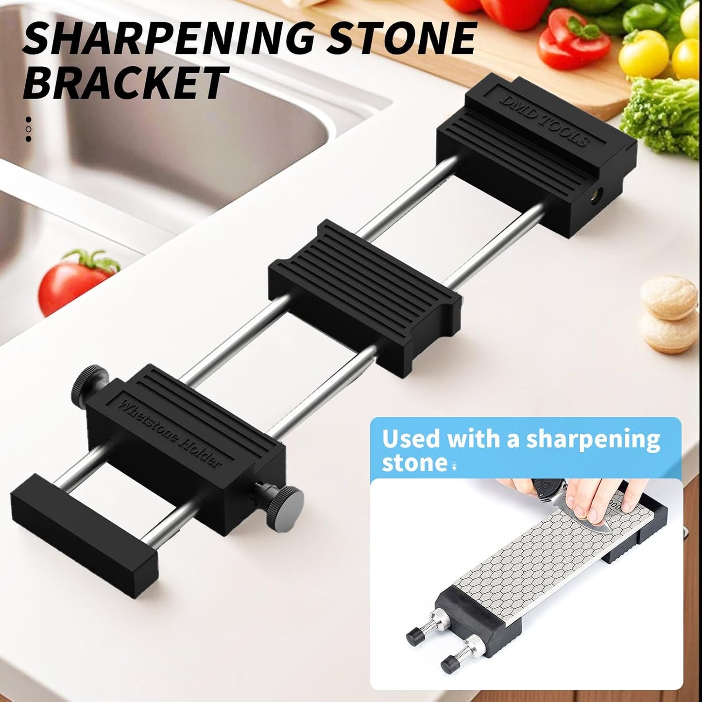 DMD Whetstone Holder with Quick-Adjust Knob | Heavy-Duty Stainless Steel & Non-Slip Rubber Base | Universal Sharpening Stone Clamp for Knives & Tools