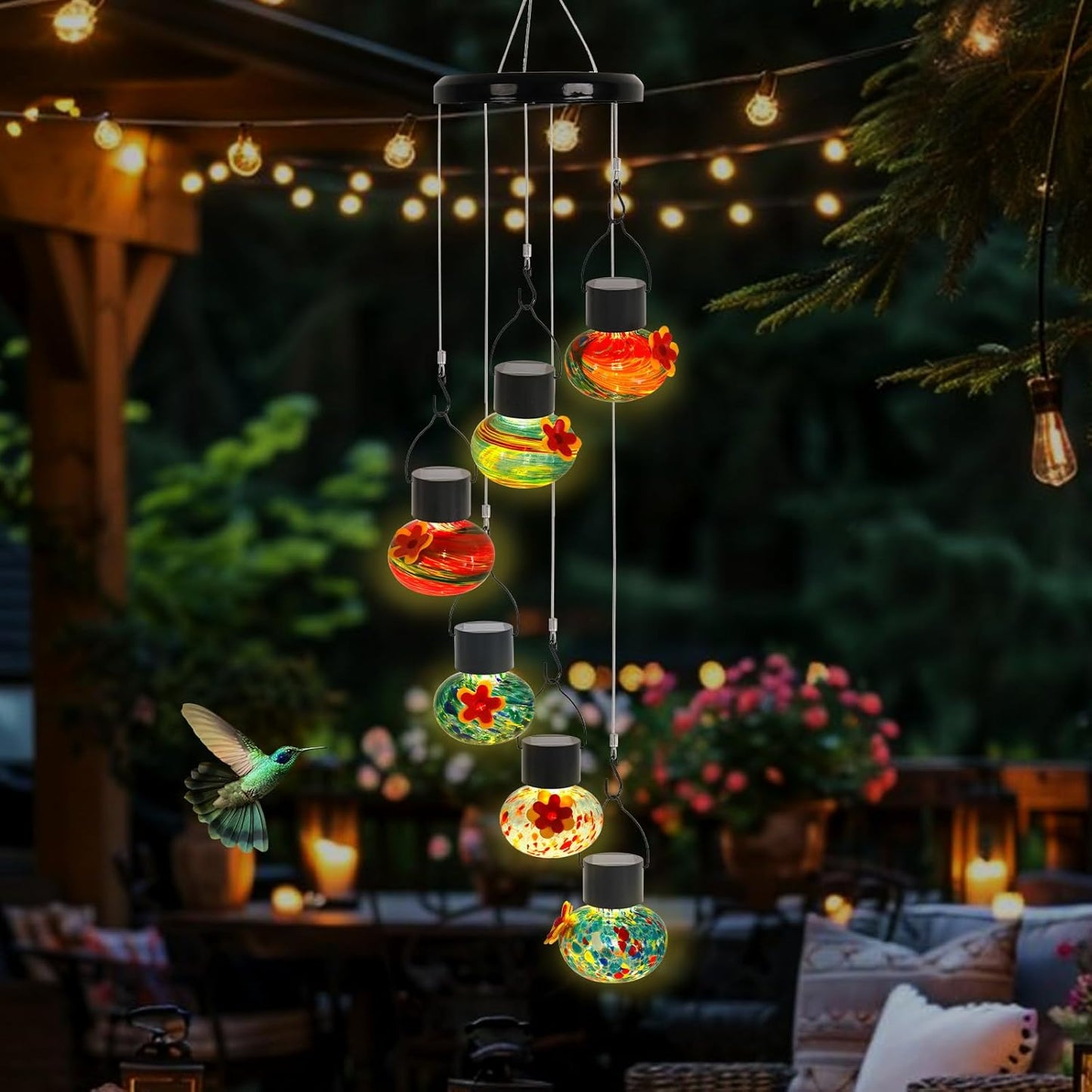 ‌Solar-Powered Hummingbird Feeder with Wind Chime Elegance – 6 Leak-Proof Glass Ports, Frosted Design & Multicolor Night Lights – Perfect Outdoor Gift for Nature Enthusiasts